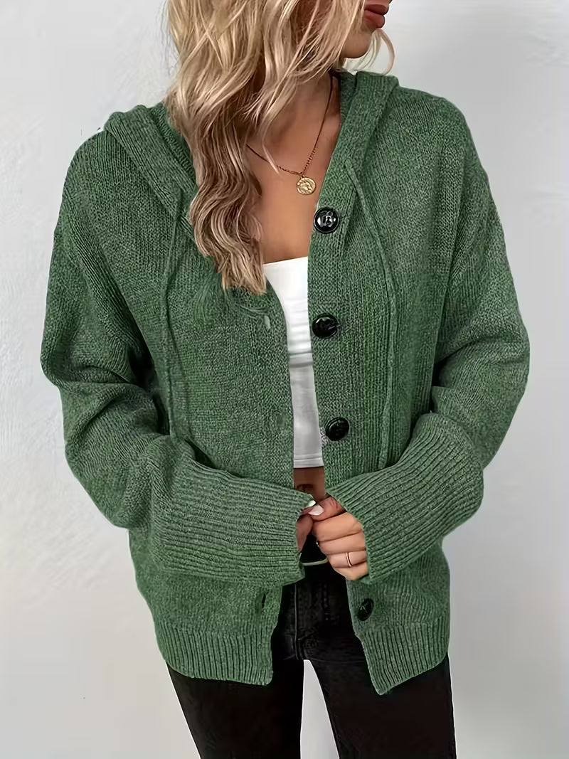 Karalina - Button Front Hooded Cable Knit Cardigan